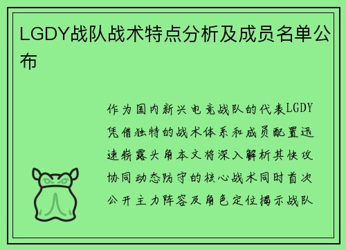 LGDY战队战术特点分析及成员名单公布